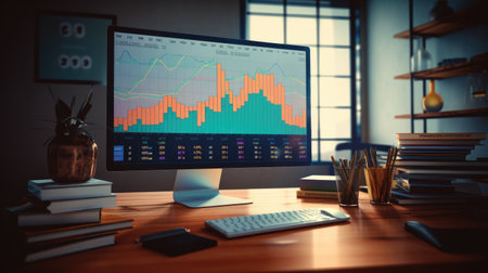 Close up of a modern office desktop with a computer and financial charts. 3D Renderingの素材