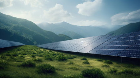 solar energy panels against mountain landscape with green grass and blue skyの素材