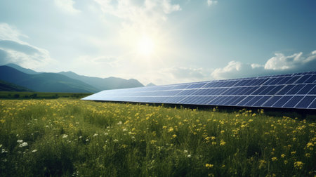 solar energy panels on the field with yellow flowers under blue skyの素材