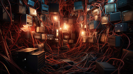 Futuristic computer network with neon lights and cables 3D renderingの素材