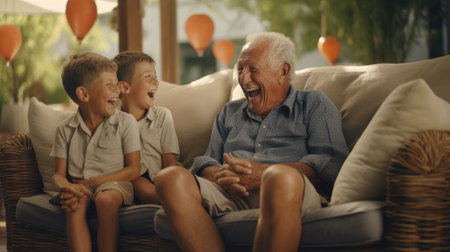 Grandfather and grandson sitting on sofa in living room at home and laughingの素材