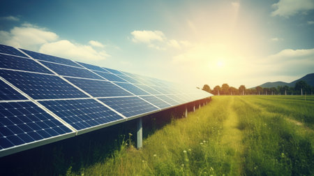 Solar energy panels with blue sky background. Alternative energy concept. 3D Renderingの素材