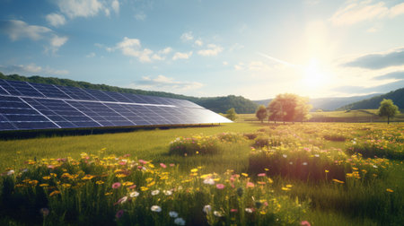 solar energy panels in the field with flowers and blue sky backgroundの素材