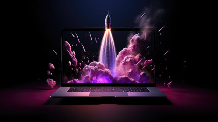 Rocket launch from laptop screen. Startup concept. 3D Renderingの素材