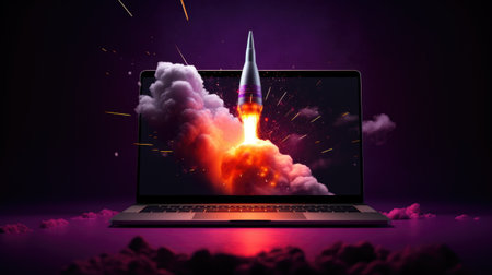 Rocket coming out of a laptop screen on dark background. 3d rendering.の素材