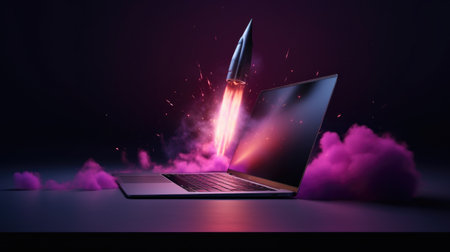 Rocket coming out of a laptop screen. 3D Rendering.の素材