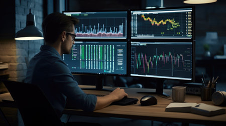 Side view of young businessman in eyeglasses working on computer at nightの素材