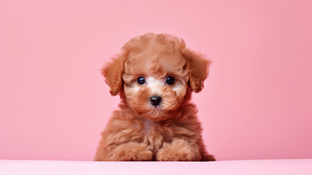 Cute little poodle puppy with blue eyes on a pink backgroundの素材