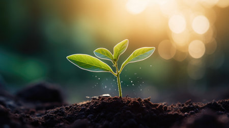 Green seedling growing from seed on blurred nature background, Ecology conceptの素材
