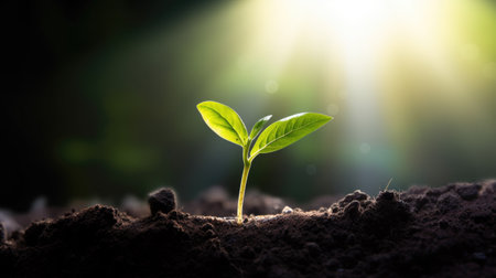 Green seedling illustrating concept of new life and growing up from seedの素材