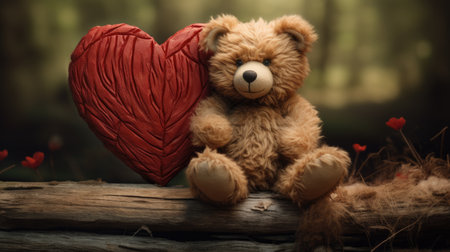 Teddy bear with red heart on wood background. Valentines day conceptの素材