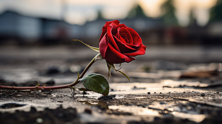 Red rose on the ground in the city. Selective focus.の素材