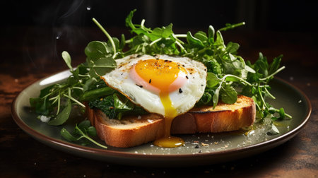 Fried egg on toast with arugula and microgreensの素材