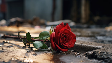 red rose lying on the pavement in the rain. shallow depth of fieldの素材