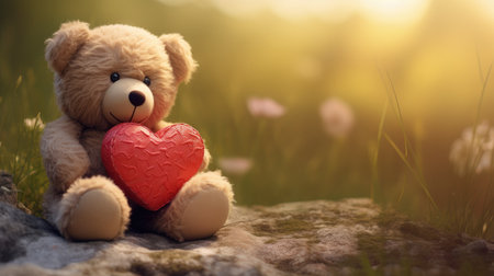 Teddy bear with red heart on nature background. Valentines day conceptの素材