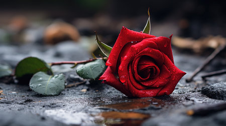 Red rose with water drops on a wet surface. Selective focus.の素材