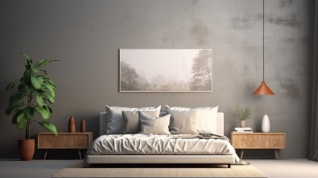 Modern bedroom interior with empty poster on wall. 3D Renderingの素材