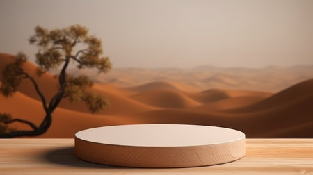 Wooden podium on the table in the desert. 3d renderingの素材