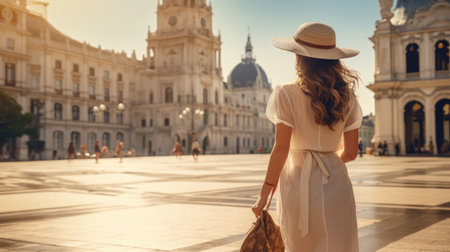 Beautiful young woman in hat and dress walking on Plaza de Espana in Madrid, Spainの素材