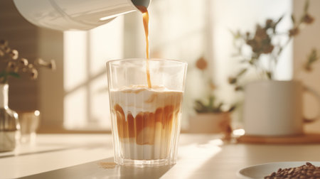 Coffee pouring from coffee machine into glass cup, closeupの素材