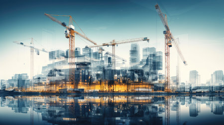 Double exposure of construction site with cranes and building under construction.の素材