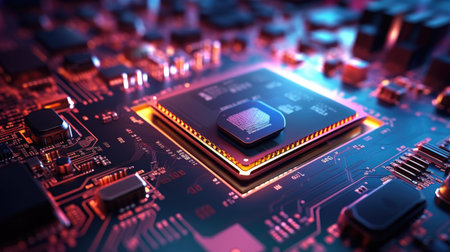 Close-up of microchip on electronic circuit board. 3D renderingの素材