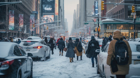People walking on the street in New York City.の素材
