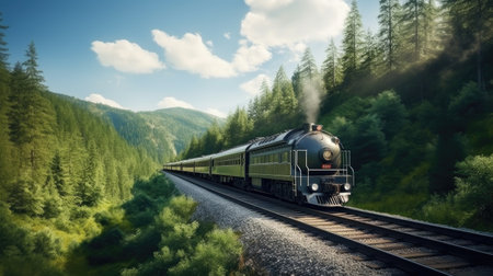 Locomotive on the railway in the mountains. This is a 3d render illustrationの素材