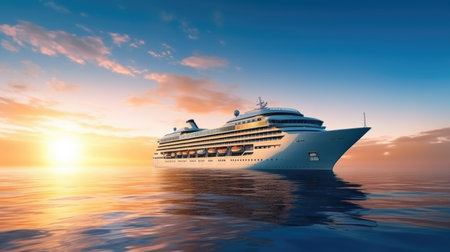 Cruise ship in the ocean at sunset. 3d render illustrationの素材