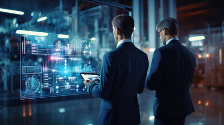 Rear view of two businesspeople in suits working with digital interfaceの素材