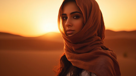 Beautiful Arab woman in hijab looking at camera while standing in the middle of the desert at sunsetの素材