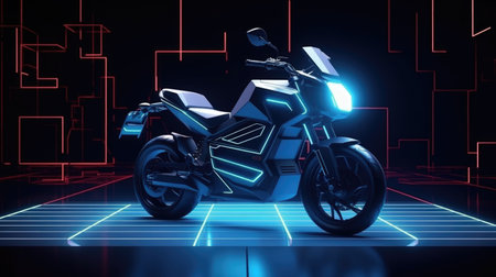 3d rendering of a classic motorcycle with neon lights in the backgroundの素材