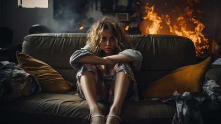 Young woman sitting on sofa in front of a burning fireplace in her living roomの素材