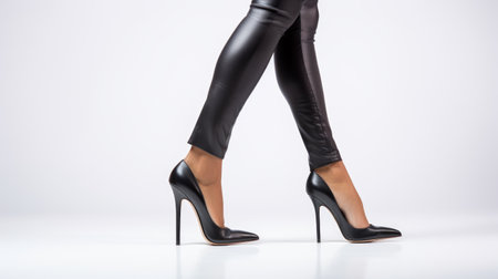 Female legs in black leggings and high heels on white backgroundの素材