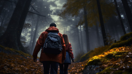 Back view of young couple with backpacks walking in the autumn forestの素材
