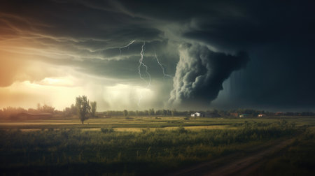 Stormy sky with lightning in the field. 3d illustration.の素材