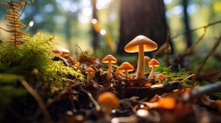 Mushrooms in the forest on a sunny autumn day. Selective focusの素材