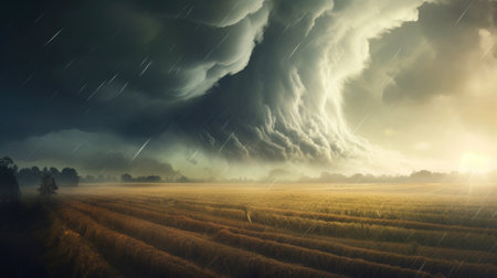 Fantasy landscape with stormy sky over field. 3d renderingの素材