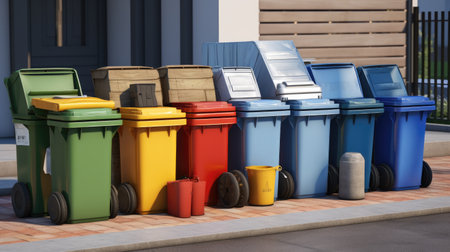 Colorful trash bins on the street. 3d render illustration.の素材