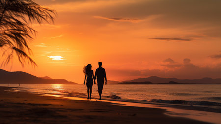 Silhouette of young couple walking on the beach at sunset.の素材