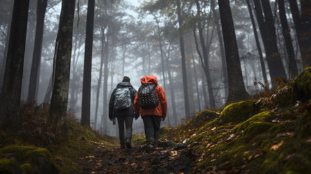 A couple of hikers walking in a foggy forest in autumn.の素材