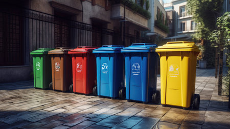Colorful recycle bins on the street. Garbage sorting and recycling concept.の素材