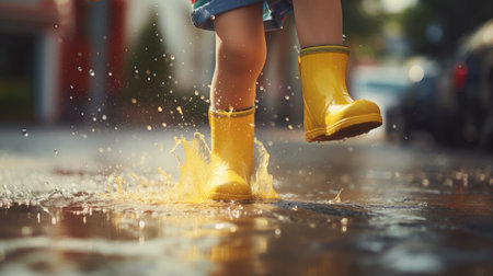 Little girl in yellow rubber boots jumping in a puddle, splashing waterの素材