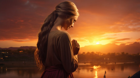 Young woman praying on the bank of the river and looking at the sunsetの素材