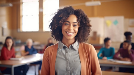 Portrait of smiling african american female teacher looking at camera in classroomの素材
