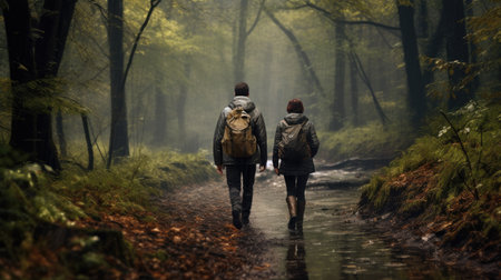 Couple of hikers with backpacks walking on a forest path.の素材