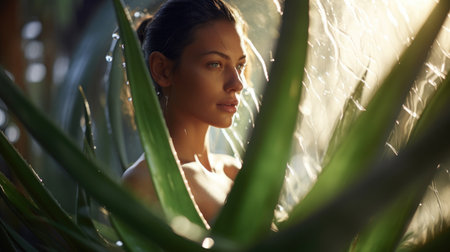 Portrait of a beautiful young woman in a tropical garden. Natural beauty.の素材