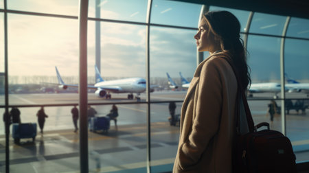 Young woman in international airport terminal. She is looking at the window and smiling.の素材