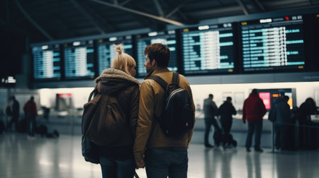 Back view of couple with backpacks looking at flight information board in airportの素材