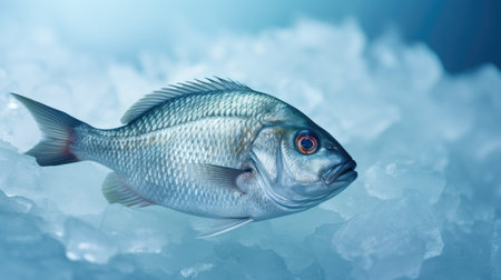 Fresh fish on ice. Seafood and healthy eating concept. Blue backgroundの素材